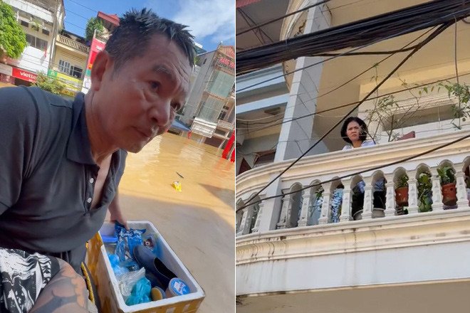 Ông Hiền bơi qua dòng nước ngập, đem đồ ăn cho con. Ảnh cắt từ clip 