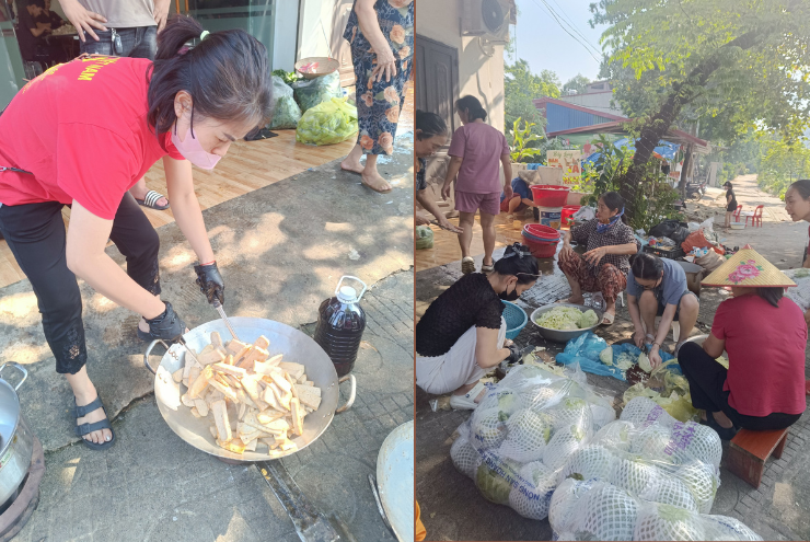 Đoàn gần 30 người từ Hòa Bình đã mang theo thực phẩm tới Thái Nguyên, nấu cơm cho người dân và các chiến sĩ đang làm nhiệm vụ