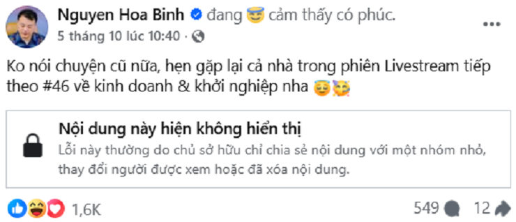 Phiên livestream của Shark Bình không còn hiển thị.