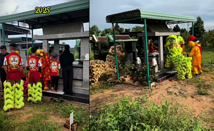 Hình ảnh đoàn múa lân biểu diễn tại mộ phần của cậu bé vắn số dịp Trung thu 2025
