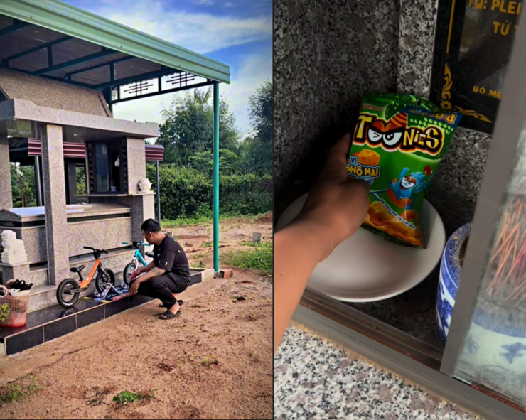 Anh cũng thường xuyên mang quà bánh, đồ chơi đến mộ cho con