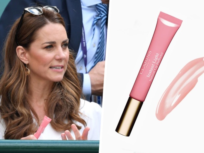 Vương phi Kate được trông thấy sử dụng son dưỡng của Clarins khi ngồi xem quần vợt vào năm 2019.