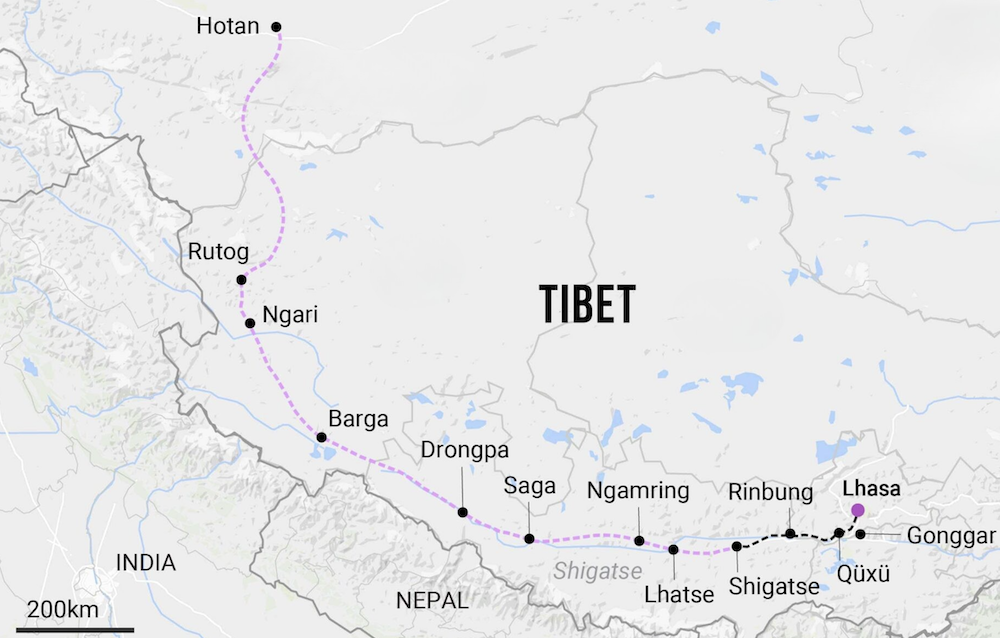 Tuyến đường sắt mới sẽ kết nối Hotan ở Tân Cương với Lhasa ở Tây Tạng. Ảnh: Tibetan Review.