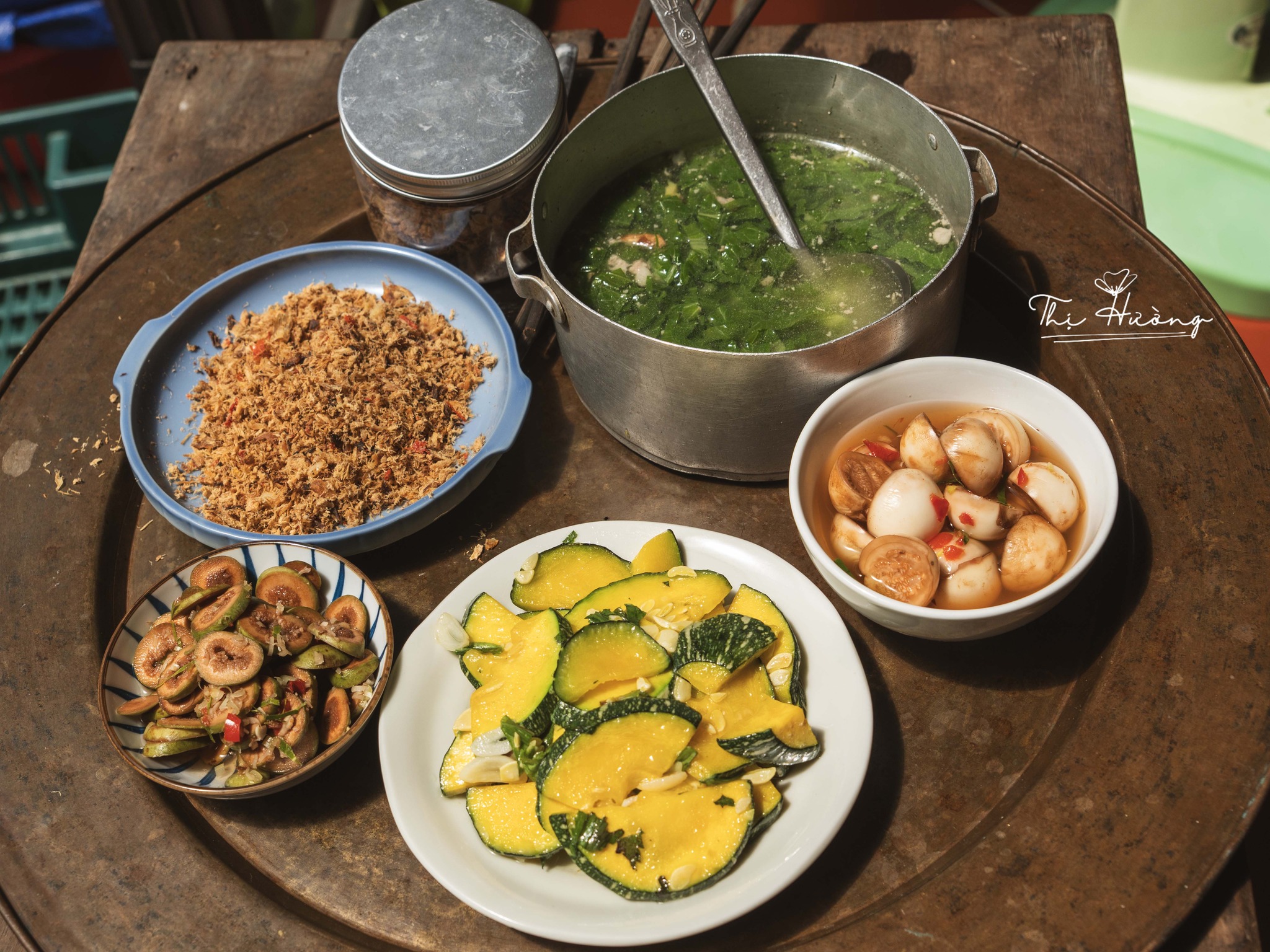 Cá giã - Bí ngô xào - Sung muối - Cà pháo muối - Canh cải