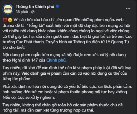 Bài đăng của trang fanpage Thông Tin Chính Phủ.