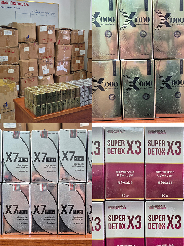 Các sản phẩm thực phẩm bảo vệ sức khỏe (giảm cân) mang thương hiệu Super Detox X3, X7, X1000... bị xác định là không đạt chỉ tiêu chất lượng, hàng giả. Ảnh: CA