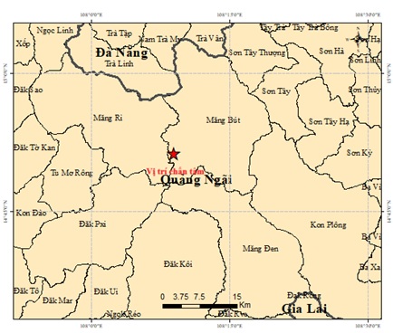 Vị trí xảy ra 7 trận động đất liên tiếp ở Quảng Ngãi sáng nay.