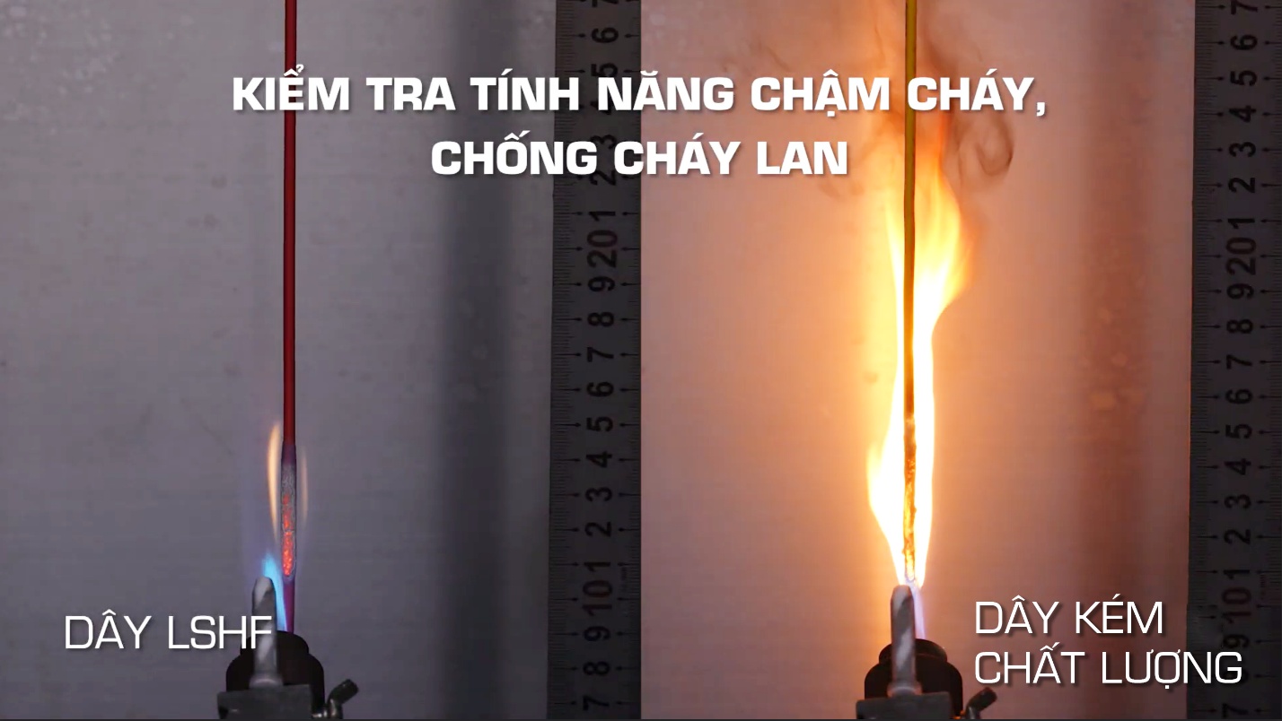 Thí nghiệm so sánh tính năng chậm cháy, chống cháy lan trên dây LSHF và dây thường kém chất lượng.