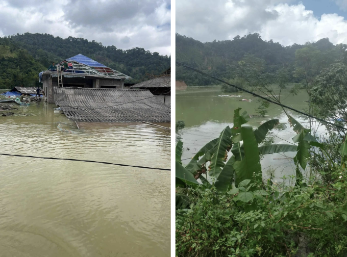 Căn nhà mái Thái đang xây dựng của gia đình chị Lộc Thị Tam chất được nước dâng cao nửa nhà trong sau cơn bão Bualoi (trái) hôm 1/10 và hiện đã ngập hết sau bão Matmo (phải) hôm nay 13/10, tại thôn Kim Vân, xã Văn Lang. Ảnh: Cung cấp vật phẩm
