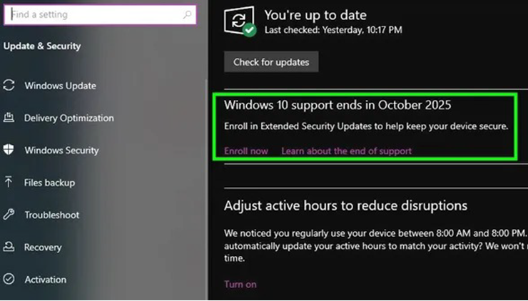 Chọn Enroll Now để bắt đầu nhận thêm 1 năm cập nhật Windows 10.