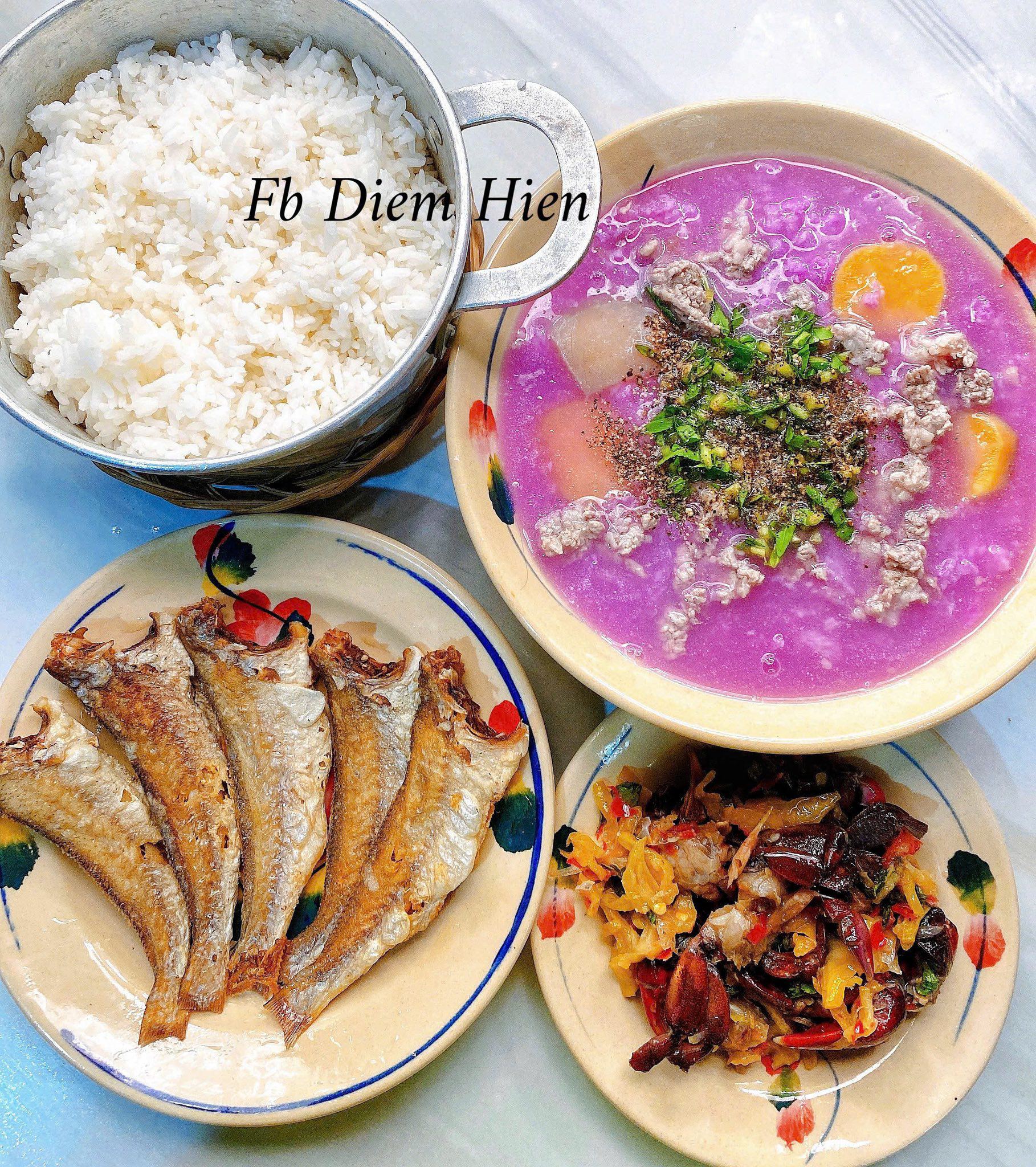 Cá đù chiên - Canh khoai mỡ khoai lang thịt bằm - Mắm ba khía
