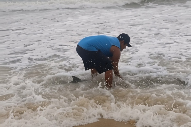 Người dân cứu hộ, đưa cá heo về biển sâu an toàn.