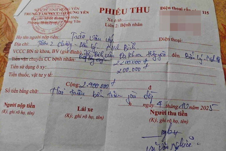 Phiếu thu số tiền 2,4 triệu đồng được anh Trần Văn Ứng đăng lên mạng xã hội. 