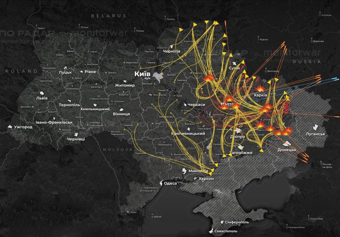 Đường bay ước tính của tên lửa Iskander-M (da cam) và Kinzhal (xanh) trong trận tập kích ngày 16/10. Đồ họa: X/War Monitor
