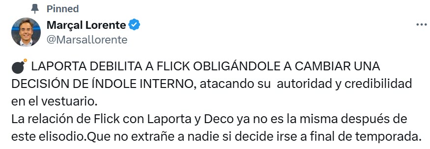 "LAPORTA LÀM SUY YẾU FLICK BẰNG CÁCH BUỘC ÔNG PHẢI THAY ĐỔI MỘT QUYẾT ĐỊNH NỘI BỘ, công kích thẩm quyền và uy tín của ông trong phòng thay đồ.Mối quan hệ giữa Flick với Laporta và Deco không còn như xưa sau sự việc này. Đừng ngạc nhiên nếu ông quyết định ra đi vào cuối mùa giải"