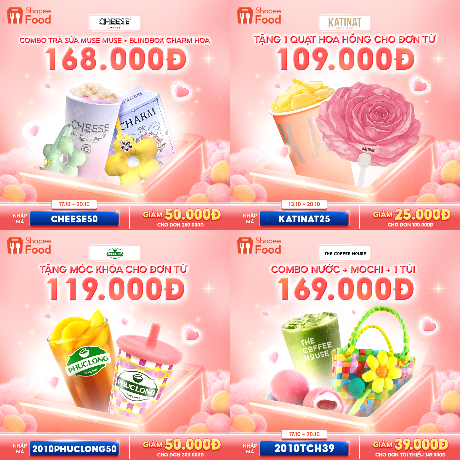 Từ KATINAT, Phúc Long, The Coffee House đến Cheese Coffee, loạt thương hiệu đồng hành cùng ShopeeFood mang đến siêu deal ngọt ngào và những bất ngờ dễ thương trong mùa 20.10 này.