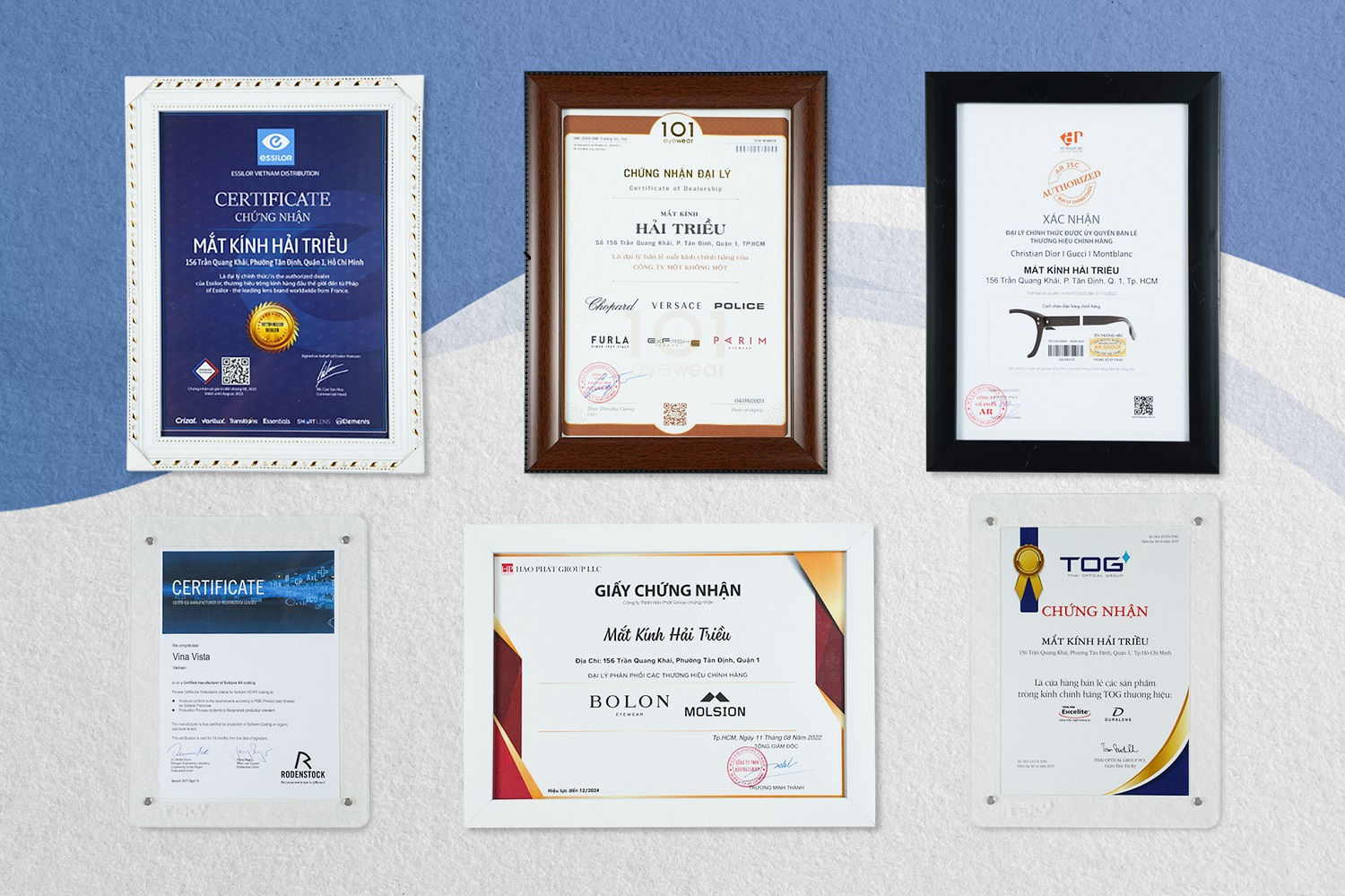 Hải Triều là đại lý chính hãng ủy quyền của 30+ thương hiệu mắt kính, tròng kính hàng đầu thế giới