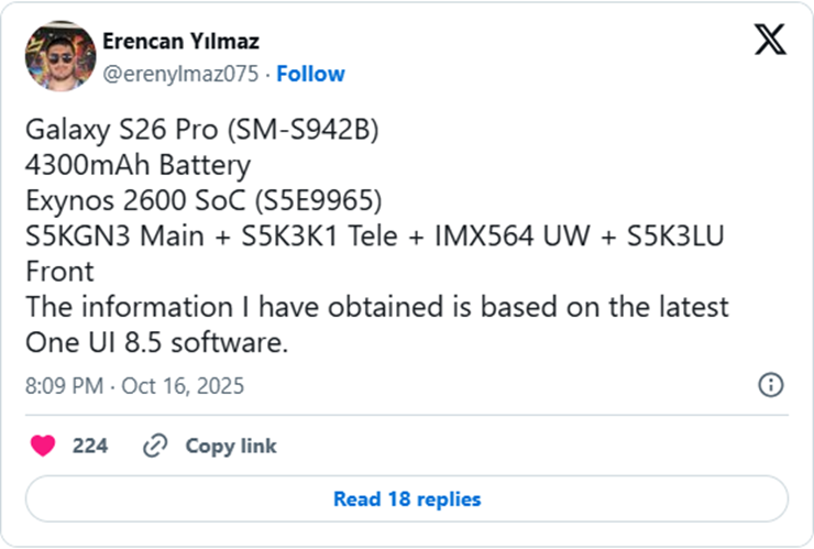 Thông tin rò rỉ về Galaxy S26 Pro trên mạng xã hội X.