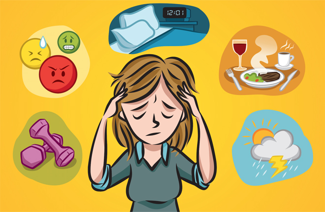 Căng thẳng thần kinh, thời tiết thay đổi, thiếu ngủ, đến kỳ đèn đỏ, một số loại đồ ăn thức uống là những yếu tố phổ biến kích hoạt cơn đau nửa đầu xuất hiện