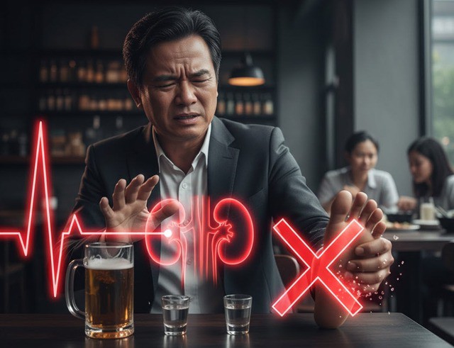 Người bệnh gout cần tuyệt đối tránh bia và rượu để kiểm soát tốt nồng độ acid uric trong máu. Hình minh họa AI.
