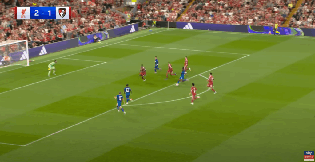 Semenyo của Bournemouth phản công và ghi bàn vào lưới Liverpool. Gravenberch đã lên quá cao và không ở vị trí để cản đường pha đi bóng thẳng vào trung lộ