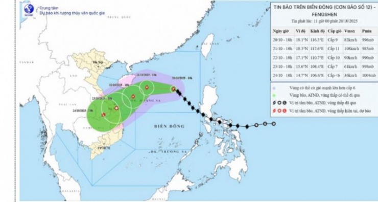 Vị trí và đường đi của bão số 12. Ảnh: NCHMF
