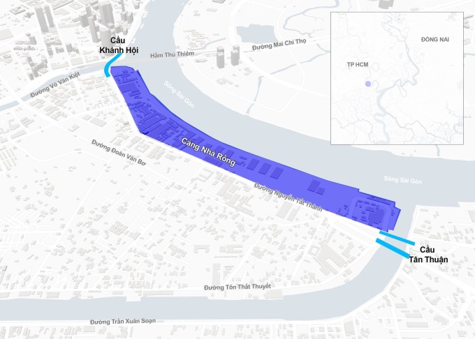 Vị trí cảng kéo dài từ cầu Khánh Hội đến cầu Tân Thuận. Đồ họa: Tâm Thảo