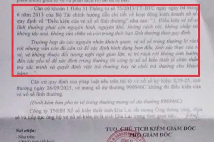 Công văn trả lời của Công ty XSKT tỉnh Gia Lai về tờ vé số bị rách trúng 2 tỉ đồng.