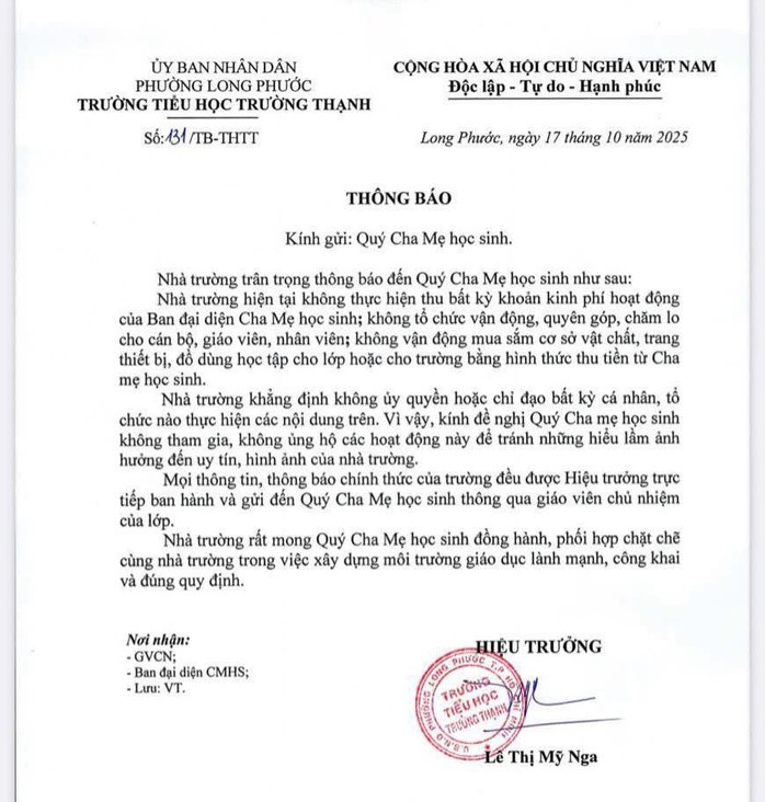 Trường Tiểu học Trường Thạnh (phường Long Phước) ra thông báo tới toàn thể phụ huynh nhà trường.