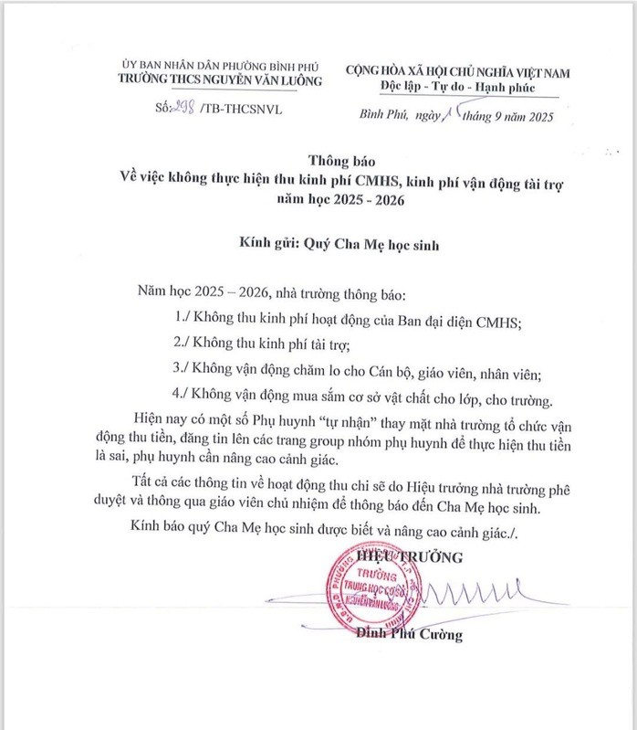 Thông báo không thu kinh phí vận động, kinh phí cha mẹ học sinh của Trường THCS Nguyễn Văn Luông