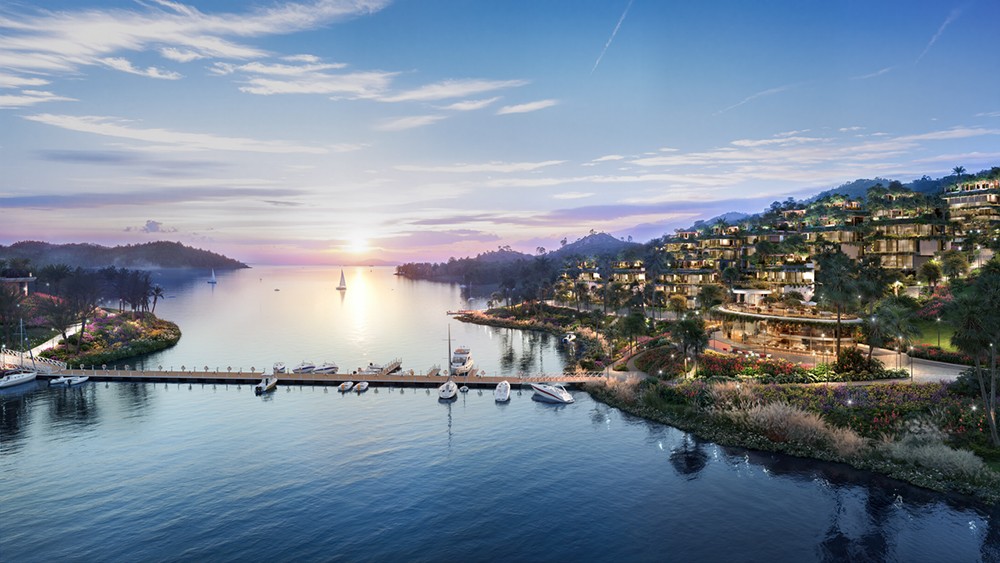 Bến du thuyền tại Flamingo Yacht Club dưới ánh hoàng hôn