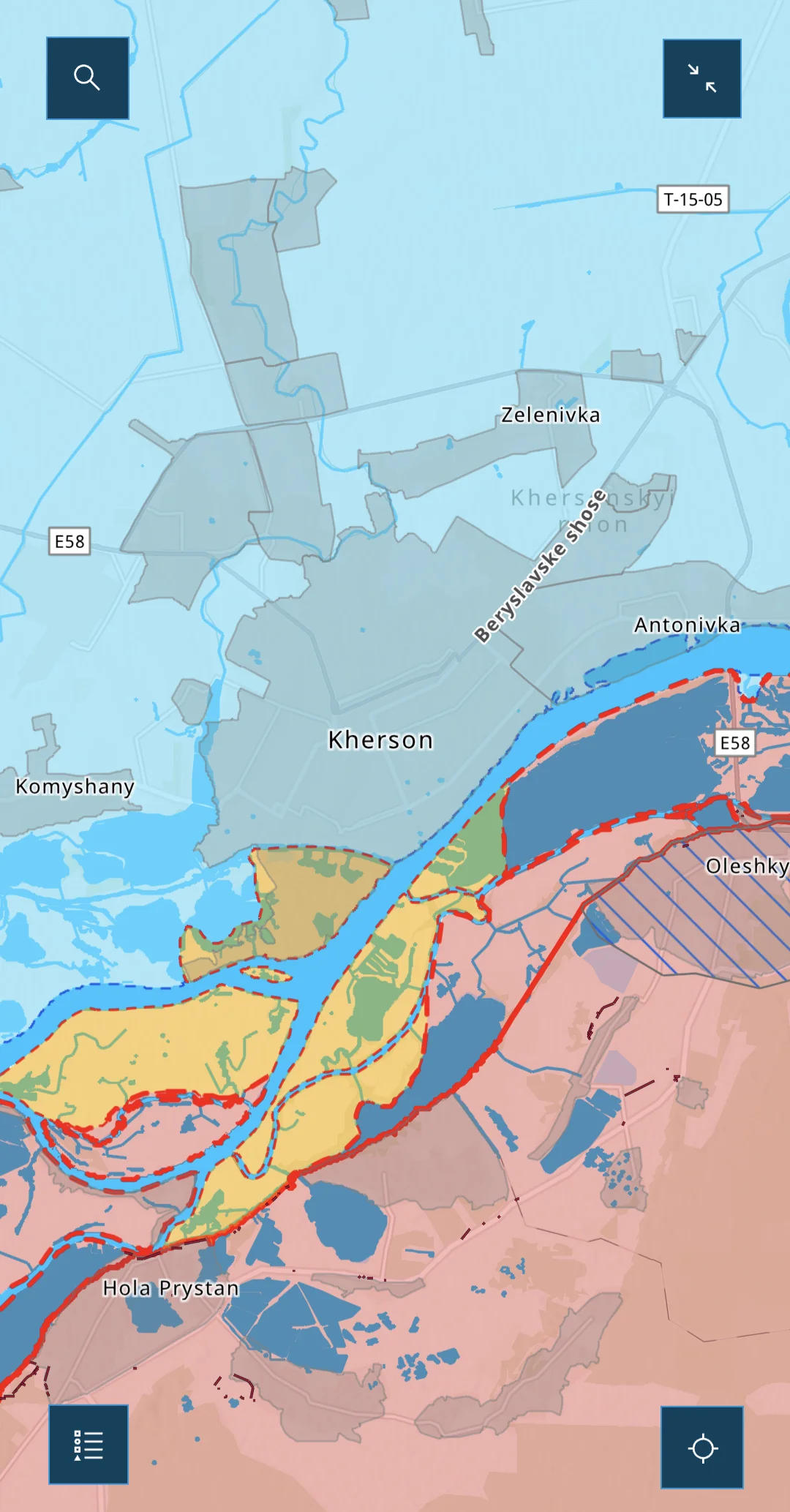 Vùng màu vàng biểu thị khu vực ở thành phố Kherson mà Nga được cho là mới kiểm soát. Ảnh: ISW.