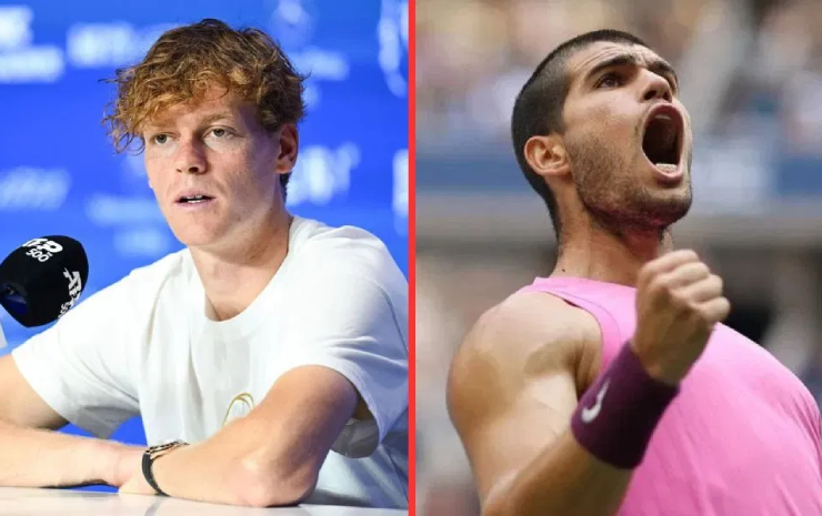 Sinner (áo trắng) thừa nhận khó cạnh tranh số 1 ATP cuối năm với Alcaraz (áo hồng)