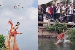 Diễn viên rơi xuống hồ khi múa trên không