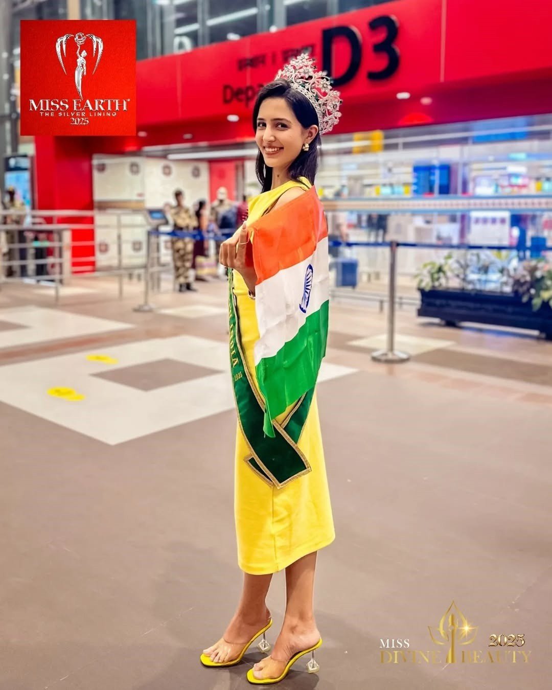 Đại diện Ấn Độ - Komal Choudhary diện váy vàng khi ra sân bay đi Philippines.
