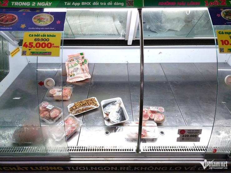 Thịt, cá và thực phẩm đông lạnh gần như trống trơn.