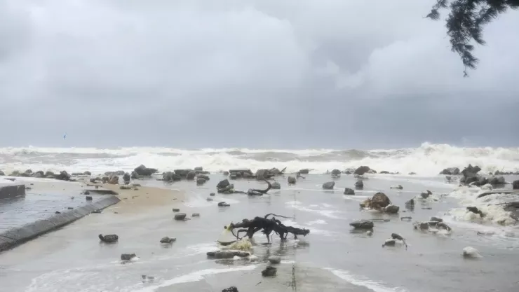 Sáng 22-10, do ảnh hưởng của bão số 10, sóng biển tại phường Thuận An (TP Huế) dâng cao, đập mạnh dữ dội vào bờ.