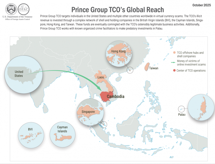 Đồ họa OFAC cho thấy phạm vi toàn cầu của các tài sản thuộc Prince Group được sử dụng để rửa tiền thu được từ gian lận tiền mã hóa.