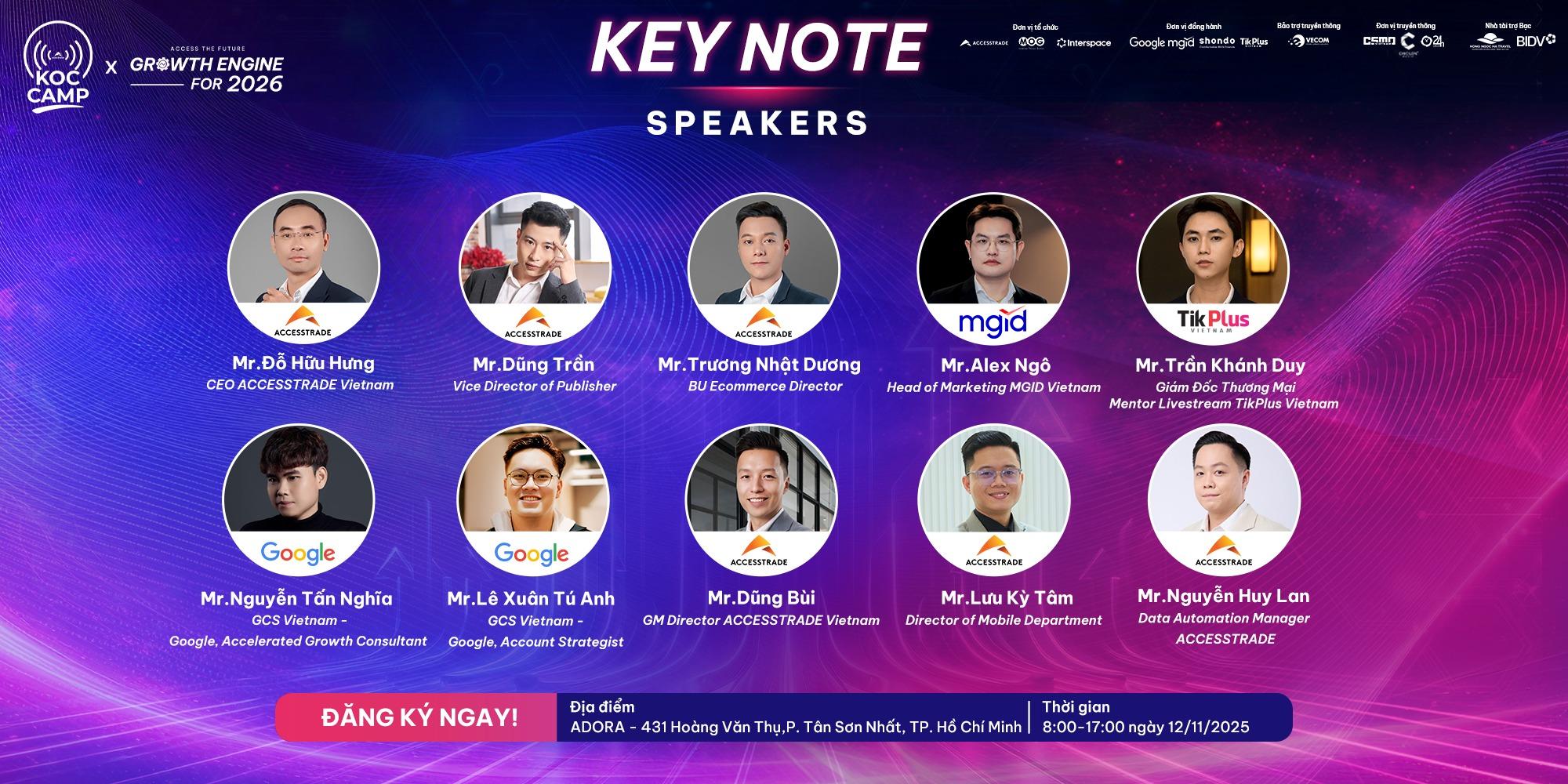 Dàn diễn giả quy tụ các tên tuổi hàng đầu trong lĩnh vực marketing, công nghệ và thương mại sáng tạo, chia sẻ góc nhìn về tăng trưởng thật và hành động thật trong năm 2026.