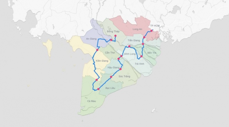 Hành trình check in 13 tỉnh miền Tây của anh An. Đồ họa:&nbsp;Quang Tuệ