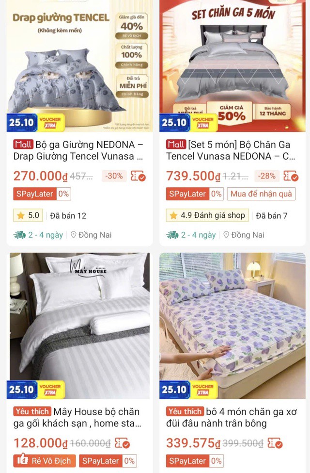 Sàn thương mại điện tử bán các sản phẩm chăn, ga, gối, đệm với nhiều mức giá khác nhau. Ảnh chụp màn hình.