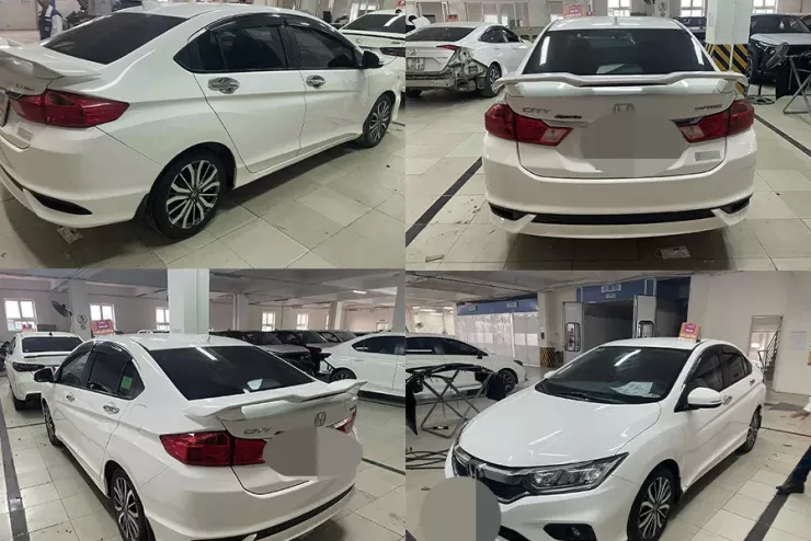 Chiếc xe Honda City đã được hãng sửa chữa xong sau gần nửa tháng xảy ra va chạm với xe tải chở hàng cứu trợ từ Đắk Lắk.