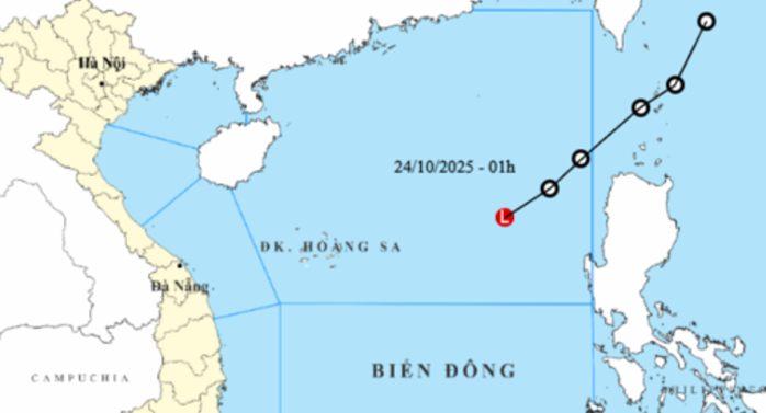 Đêm 23-10, áp thấp nhiệt đới đã suy yếu thành một vùng áp thấp trên vùng biển phía Đông khu vực Bắc Biển Đông. Ảnh: Trung tâm Dự báo khí tượng thủy văn quốc gia