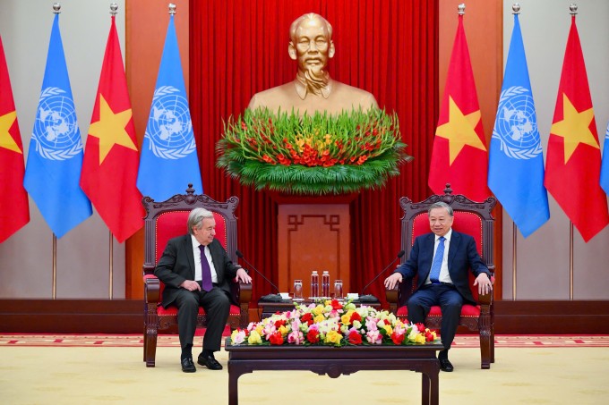 Tổng Bí thư Tô Lâm tiếp Tổng thư ký Liên Hợp Quốc tại Trụ sở Trung ương Đảng sáng 25/10. Ảnh: Giang Huy