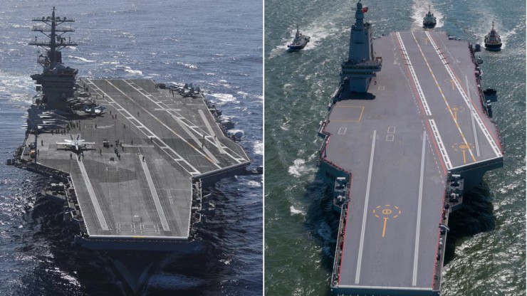Tàu sân bay USS Nimitz của Mỹ (trái) và tàu sân bay Phúc Kiến của Trung Quốc. Ảnh: CNN.