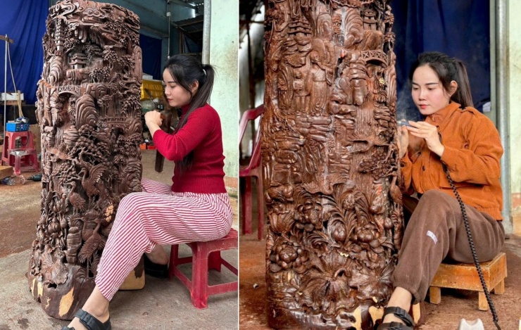 Tại cơ sở gia đình, chị có thể tự tay hoàn thiện tác phẩm từ phôi gỗ ban đầu