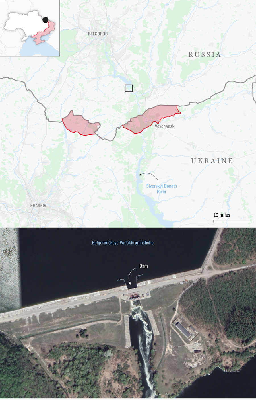 Con đập dẫn nước chảy qua biên giới, sang vùng Kharkiv của Ukraine. Ảnh: Telegraph.