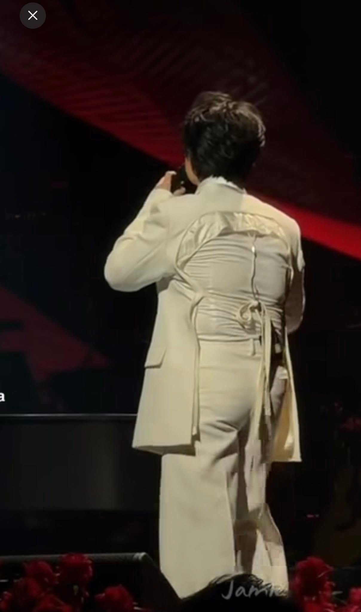 Nhìn phía trước, bộ vest đầy lịch lãm và rất hợp với phong cách của Hà Anh Tuấn nhưng khi nam ca sĩ quay lưng lại, thiết kế khoét lưng đã làm lộ vóc dáng mũm mĩm của anh.