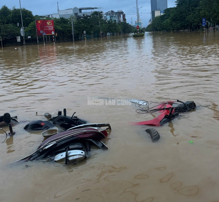 Những chiếc xe máy bị trôi trong nước lũ, lộ ra khi nước lũ trên đường Lê Quý Đôn rút. Ảnh chụp 6 giờ ngày 29-10.