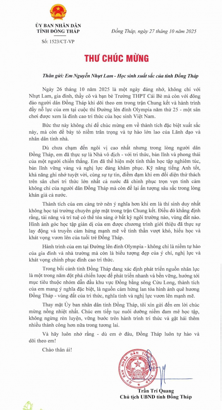 Chủ tịch tỉnh gửi thư chúc mừng Nguyễn Nhựt Lam vì màn thể hiện ở Olympia - 1